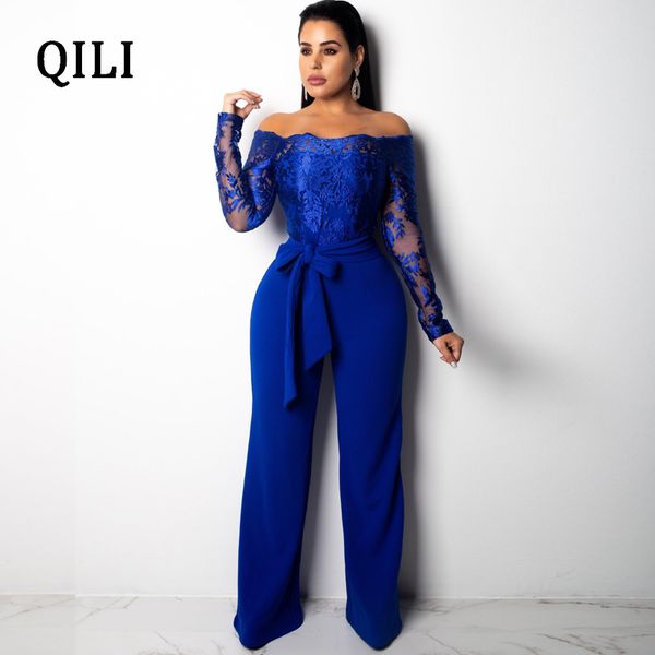 

qili 2019 spring women jumpsuits off shoulder long sleeve water soluble lace fashion wide leg jumpsuit club jumpsuits, Black;white