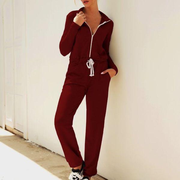 

autumn stand collar zipper closure playsuits women long sleeve jumpsuits slim drawstring bodysuits, Black;white