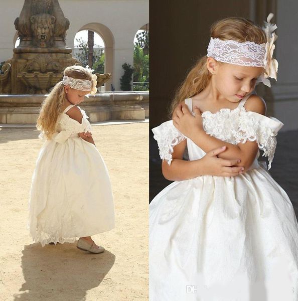 

spaghetti lace applique off shoulder communion dress with sash ankle length princess flower girls' dresses for weddings, White;blue
