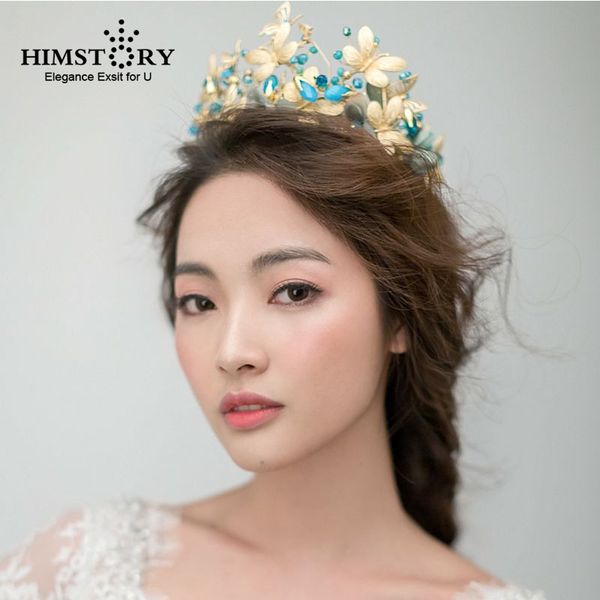 

himstory retro european baroque blue flower brides tiaras crowns gold butterfly headpieces wedding dresses hair accessories, Golden;white