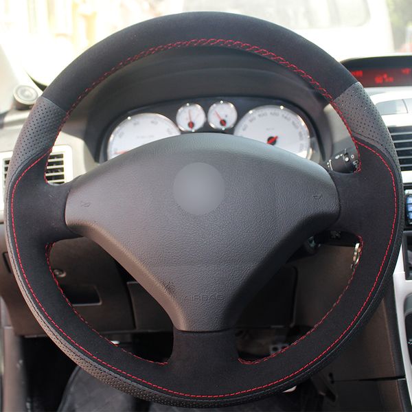 

black natural leather black suede car steering wheel cover for peugeot 307