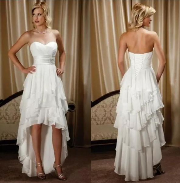 

high low beach wedding dresses sweetheart backless a line tiered skirt chiffon hi-lo charming bridal gowns, White