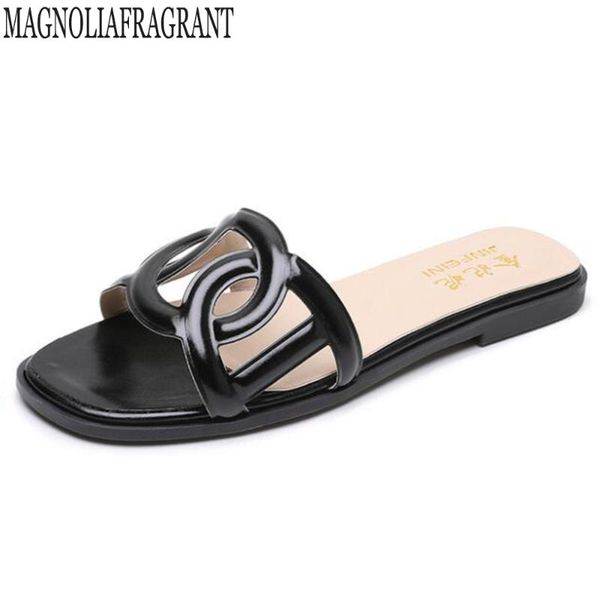 

female summer leisure the word drag new flat bottom flat with toe sweet drag outside wearing sandals slippers beach shoes hy146, Black