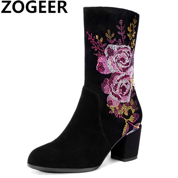 

women's ankle boots genuine suede leather embroidery flower high heel autumn brand luxury crystal black short booties shoes