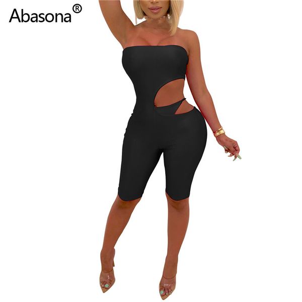 

2019 new solid summer autumn women strapless bodysuit cut out bodycon knee length jumpsuit club night party romper playsuit, Black;white