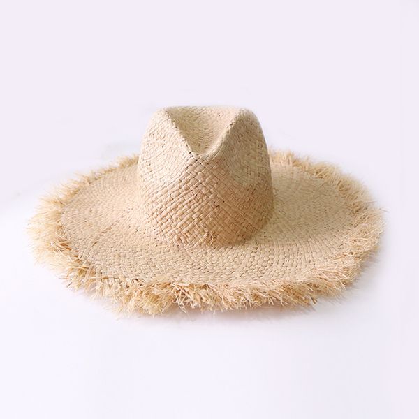 

summer simple solid color handmade weave raffia sun hats for women lace up large brim straw hat outdoor beach summer caps y200602, Blue;gray