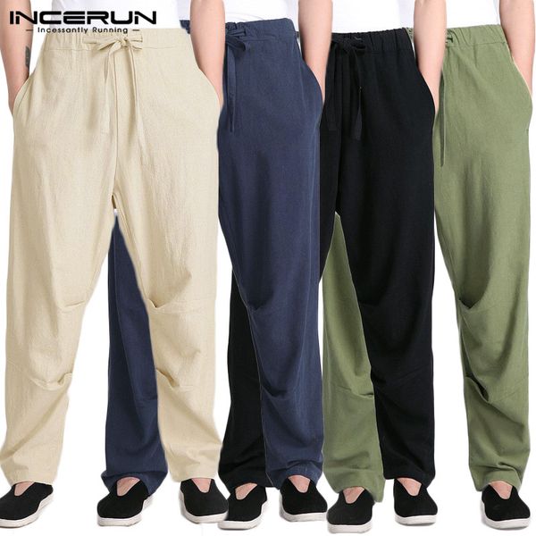 

incerun 2020 men retro pants cotton streetwear joggers men solid color drawstring straight trousers casual long pants plus size, Black