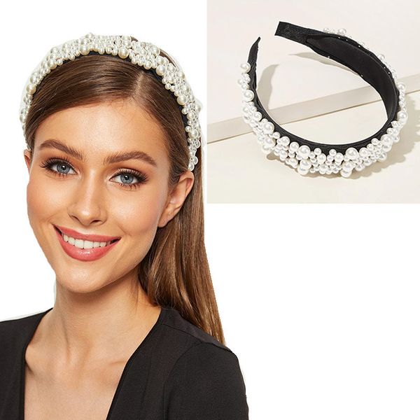 

2019 new fashion velvet full pearl headband for women padded wide-brimmed headband ladies retro pearl hair accessories, Golden;white