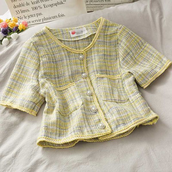 

vintage plaid однобортный short round neck коротким рукавом все матча рубашка женщины топы, White