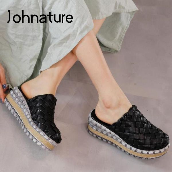 

johnature summer slippers women shoes genuine leather 2020 new flat with slides outside wear weave platform ladies slippers, Black