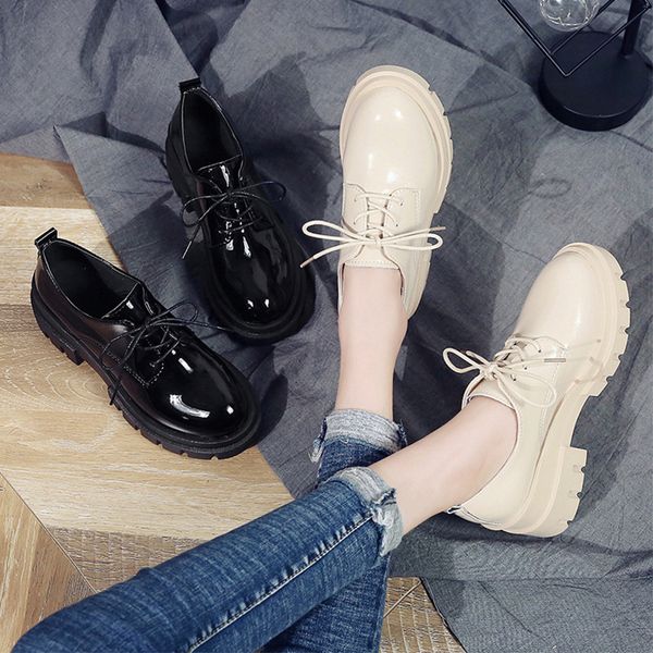 

hipping 2019 spring wild wild solid color thick bottom rubber middle pu womens shoes, Black