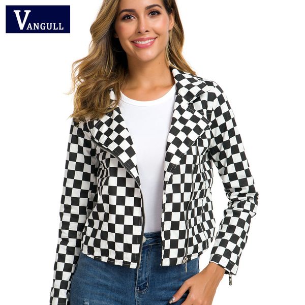 

vangull streetwear kpop fashion checkerboard cropped plaid cotton short jacket autumn harajuku slim tumblr female zipper coat, Black;brown