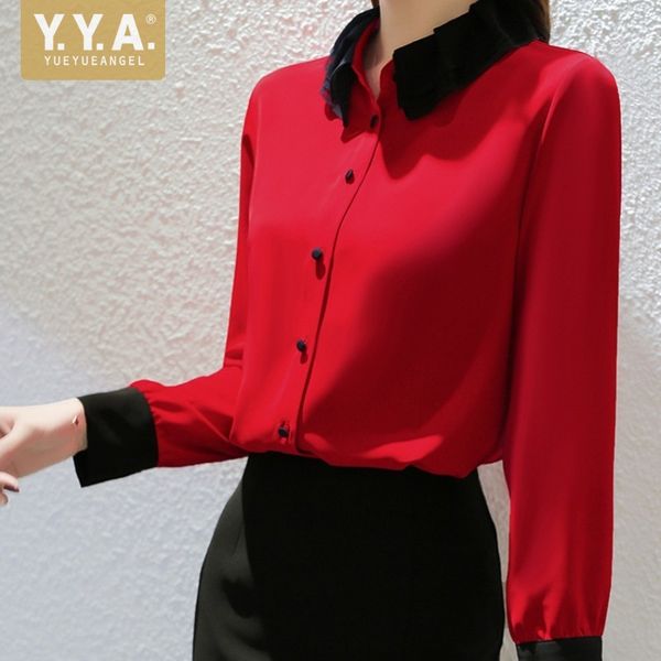 

women's blouses & shirts women red shirt designer patchwork ruffle lapel long sleeve office ladies single breasted formal blouse fashio, White