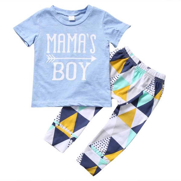 

summer 2017 newborn baby boy clothes short sleeve cotton t-shirt +geometric pant 2pcs outfit toddler kids clothing set, White