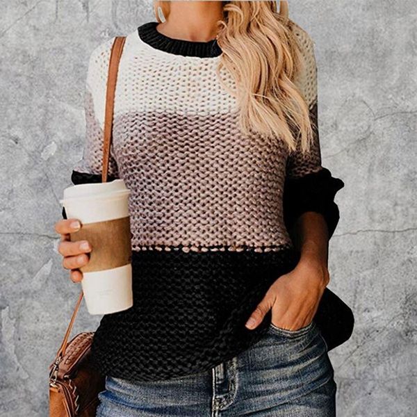 

2020 women winter long sleeve crewneck knitted pullover sweater vintage splice casual fall womens sweaters pullovers, White;black