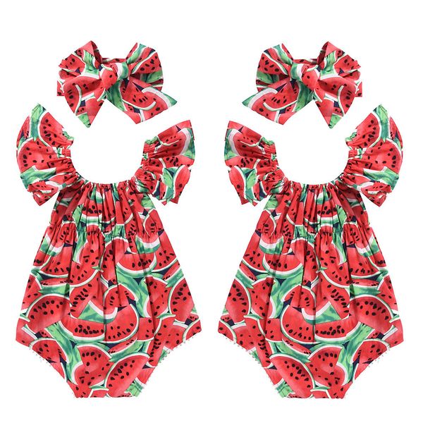 

2pcs fashion infant baby girl kid cotton fry sleeve watermelon summer romper jumpsuit playsuit +headband summer clothes sets, White