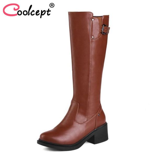 

coolcept size 34-43 women warm knee high boots buckle zipper fashion fur wintre shoes women's round toe high heels boots, Black