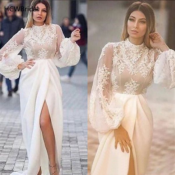 

2019 arabic evening dress high split mermaid long bell sleeves lace elastic satin prom gowns custom made women party dresse, White;black