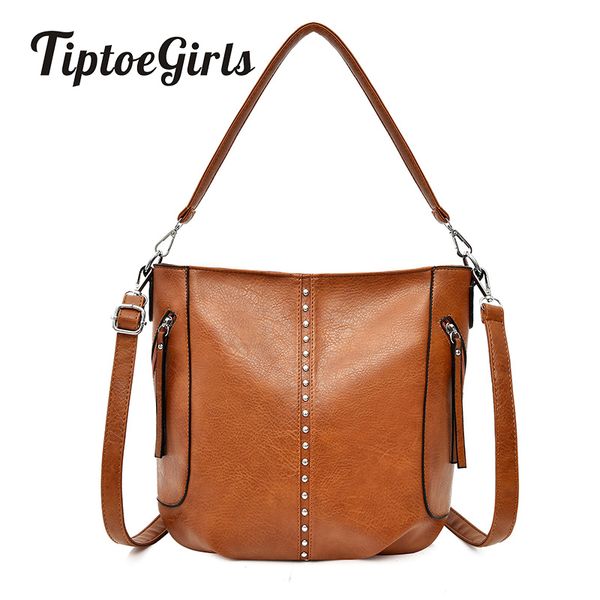 

tiptoegirls retro bucket ladies bag vintage leather fashion woman shoulder bag brand luxious rivets women selling
