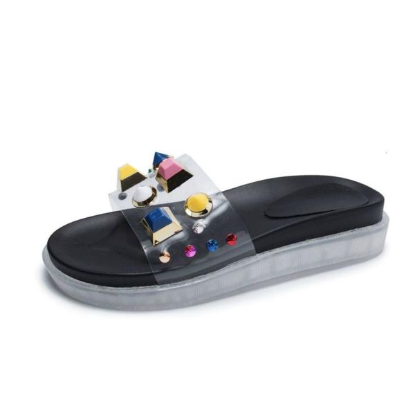 

women 2019 new rivet slippers summer casual slides beach shoes ladies indoor shoes home transparent slippers exquisite student, Black