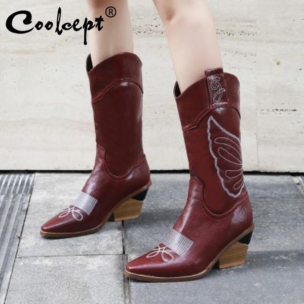 

coolcept big size 34-44 women mid calf boots western cowgirl autumn winter shoes women brogue embroidery pointed toe high heels, Black