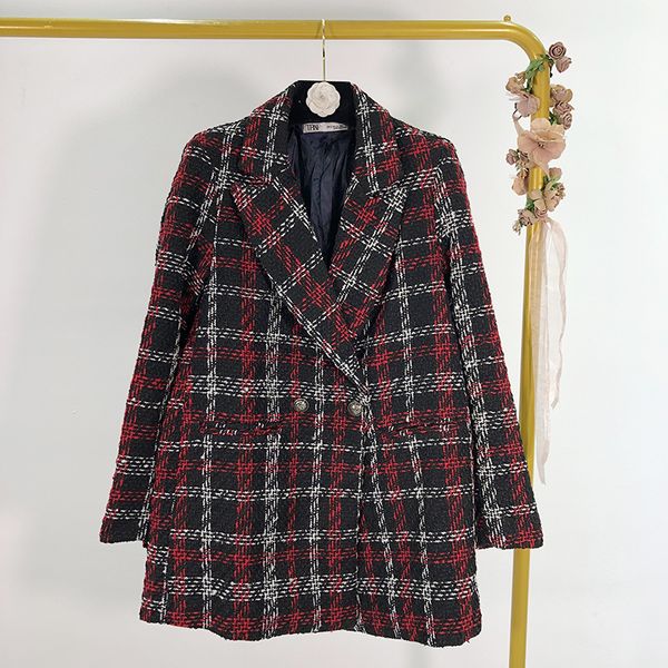 

spring 2020 women elegant plaid tweed blazer notched collar long sleeve pockets stylish coat female office wear formal, White;black