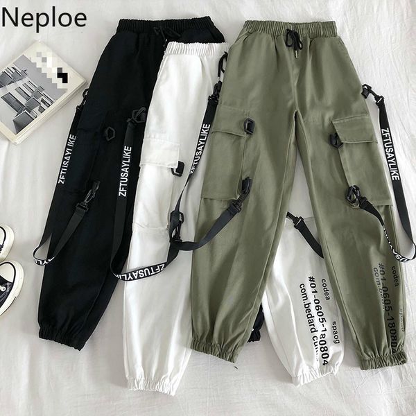 

neploe fashion letter double pocket design causal pants high waist hip solid cargo trousers korean casual pantalone 49310, Black;white