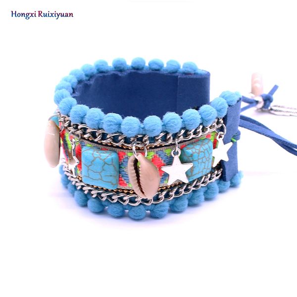 

onlyee bracelet fashion activity bracelet bohemian high-film leather shell 5 star pendant pink lace women gift, Black