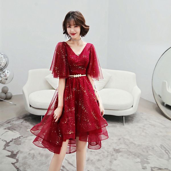 

novelty v neck lady burgundy formal party dress asmmetrical mesh gown bandage bling cheongsam elegant belt qipao vestidos, Red