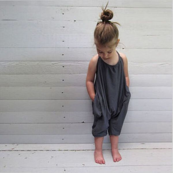 

2020 fashion kids designer clothes girls summer halter halterneck jumpsuits solid colors have pockets, Blue