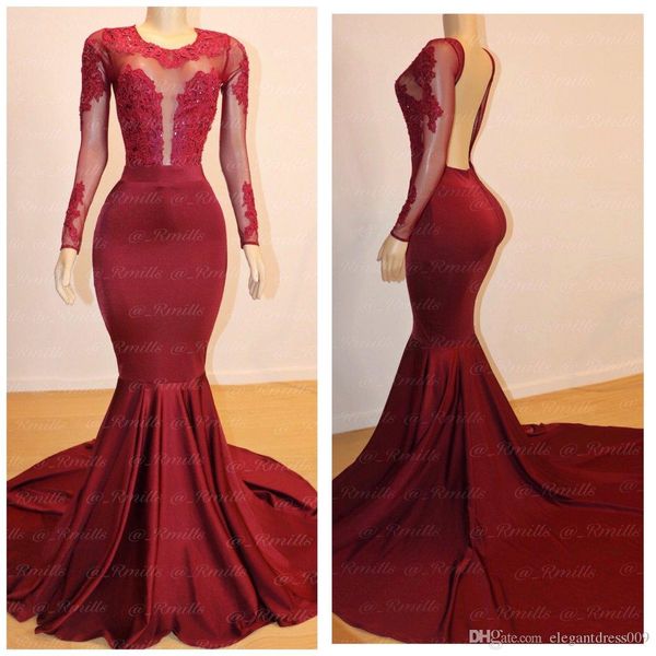 

elegant burguny long illusion sleeves mermaid prom evening dresses lace applique backless formal dress prom gowns evening wear custom, Black;red