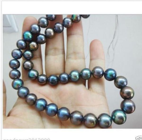 

genuine 9-10mm multicolor tahitian black pearl necklace 18inch 14k gold clasp, Silver