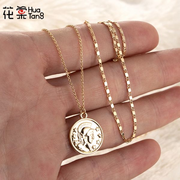 

huatang trendy charm chain multilayer pendant necklaces for women gold color portrait coins necklace set fashion jewelry 3944, Silver