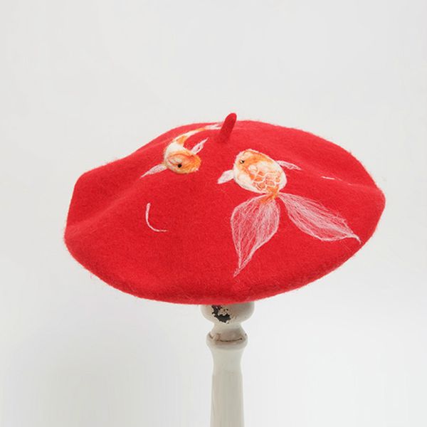 

fashion wool koi print red berets handmade wool felt solid autumn winter hats women beret caps for ladies harajuku headdress hat, Blue;gray