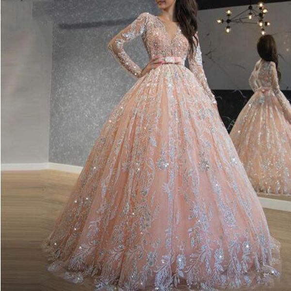 

sparkly sequined lace ball gown prom dresses simple scoop neck long sleeve tulle floor length evening gown vestidos de gala, Black;red