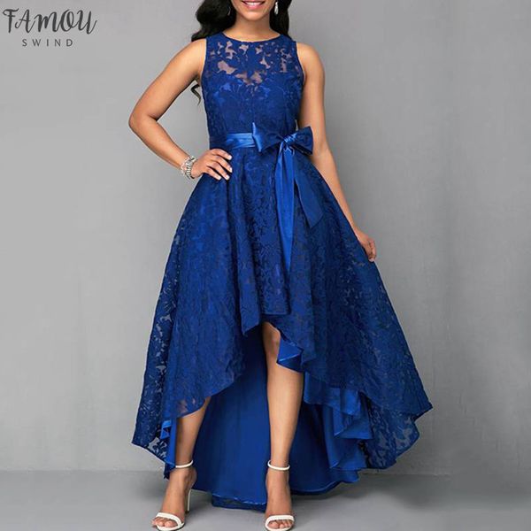 

women plus size vintage sleeveless high low hem belted lace party dress high waist solid maxi dress s-5xl ladies vestidos, Black;gray