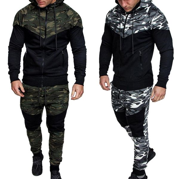

2019 new plus size men running set camo print patchwork sport jacket jogging 2pcs tracksuit sportwear hoodies sweatshirt pants, Black;blue
