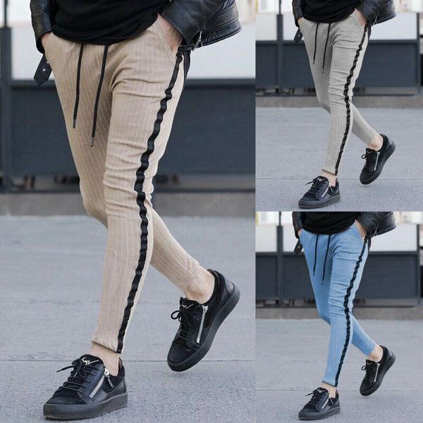 

новый 2019 мужские повседневные полосатые длинные брюки мужской slim fit спорт тренажерный зал узкие брюки карандаш тренировочные брюки плюс, Black