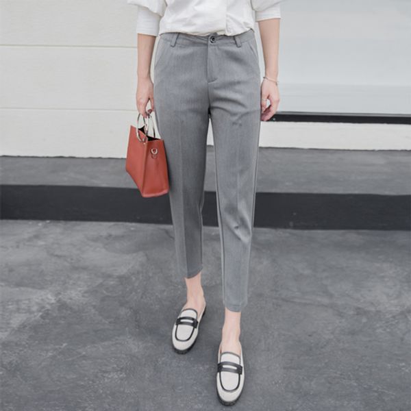 

pantalon femme 2019 autumn ankle-length pants high waist straight trousers casual loose office ladies pants black gray bv57, Black;white