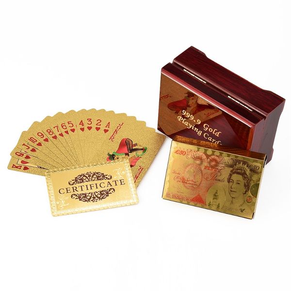Carte da poker in lamina d'oro Dollaro Carte da gioco in euro Mazze da sterlina impermeabili con scatola rossa per la raccolta regali Spedizione gratuita