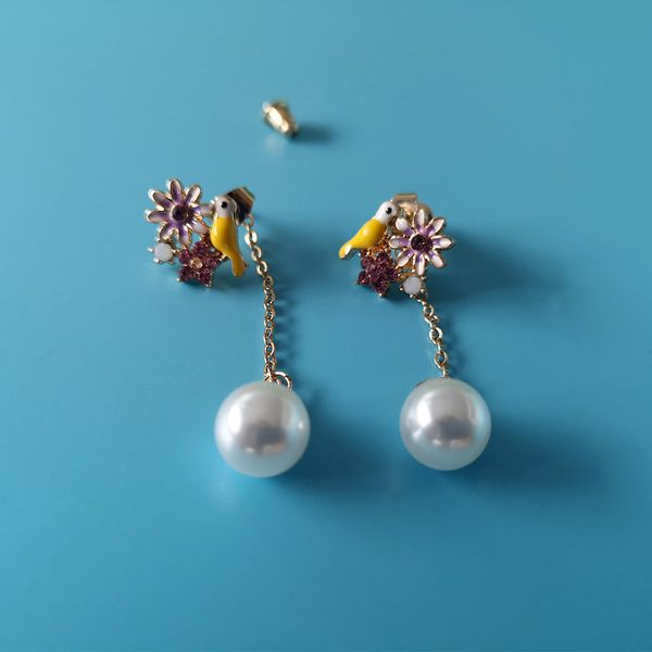 

cute bird flowers enamel dangle earrings women imitation pearls long tassel drop earrings temperament party jewelry, Silver