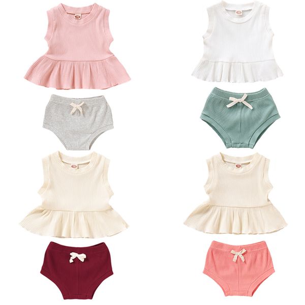 

summer newborn baby girls ruffle shorts pants cotton outfits sunsuit 2pcs, White