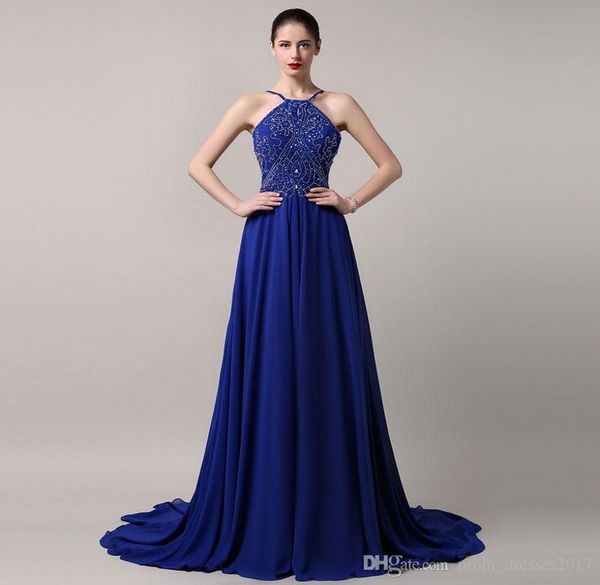 

blue new exquisite diamond ornaments halter chiffon long section trailing formal evening dresses back dance party prom dresses, Black;red