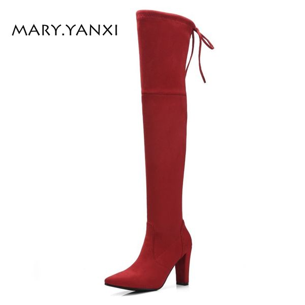 

winter women lady big size shoes over-the-knee long boots flock nubuck pointed toe high heels zipper lace-up short plush solid, Black
