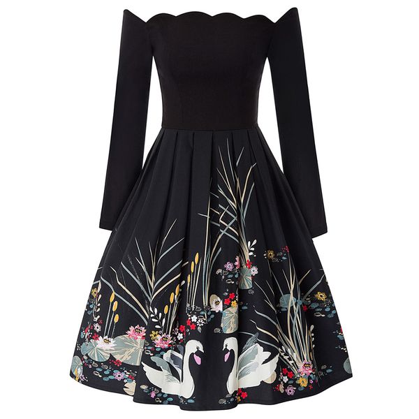 

women vintage off shoulder ladies dress ladies formal zipper pleated new, Black;gray