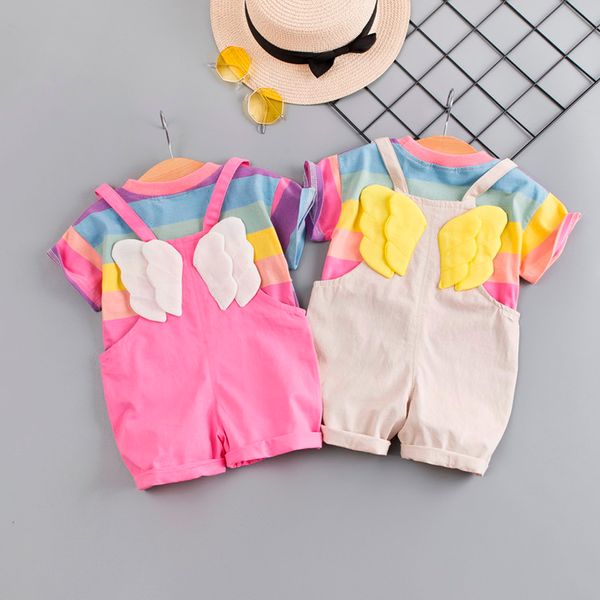 

baby girls clothing sets beach rainbow stripe t-shirt straps short pants outfits set infant clothing for baby kids clothes set, White