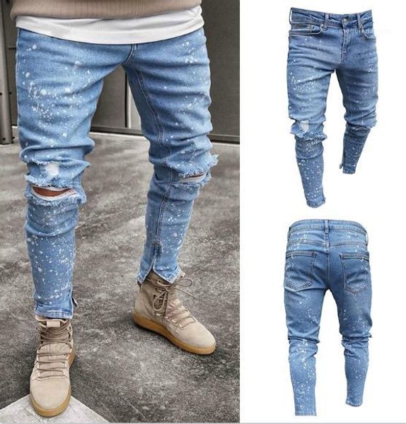 

blue spark jeans fashion knee holes zipper pantalones casual hiphop pants men clothing men designer light