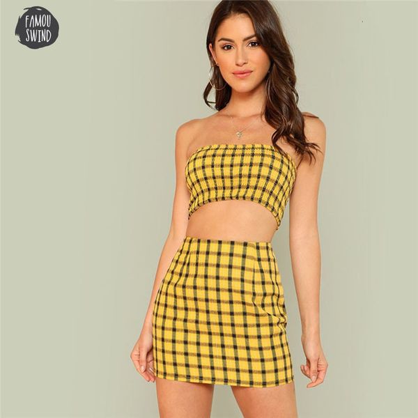 

plaid print shirred strapless crop and skirt set summer zipper beach piece two set vacation women sets, White
