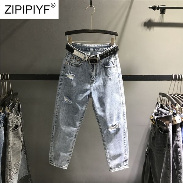 

ripped jeans for women 2019 new high waist bodycon soft pants female casual washed solid denim jeans lady loose hole k454, Blue
