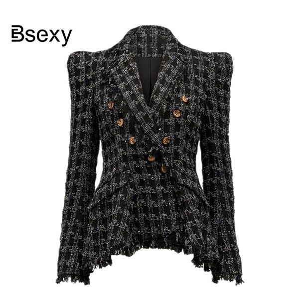 

autumn women tweed jacket coat 2019 elegant women suit collar long sleeve double breasted tassel slim irregular plaid coat, Black;brown